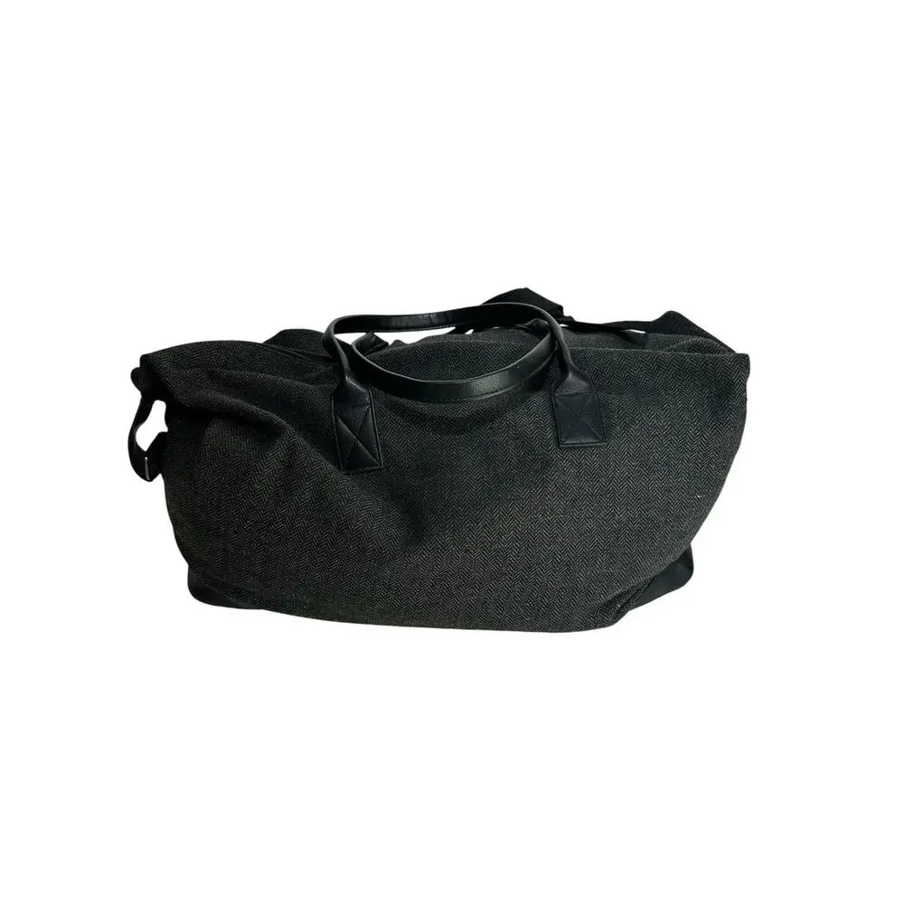 John Varvatos Gray Herringbone Weekender Duffel Travel Bag Faux Leather Trim